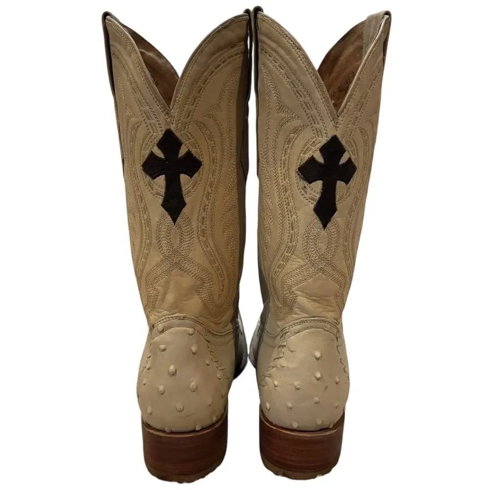 Vintage Aguila Real Ostrich Leather Cowboy Boots US 10 Exotic Pointed Toe Cream